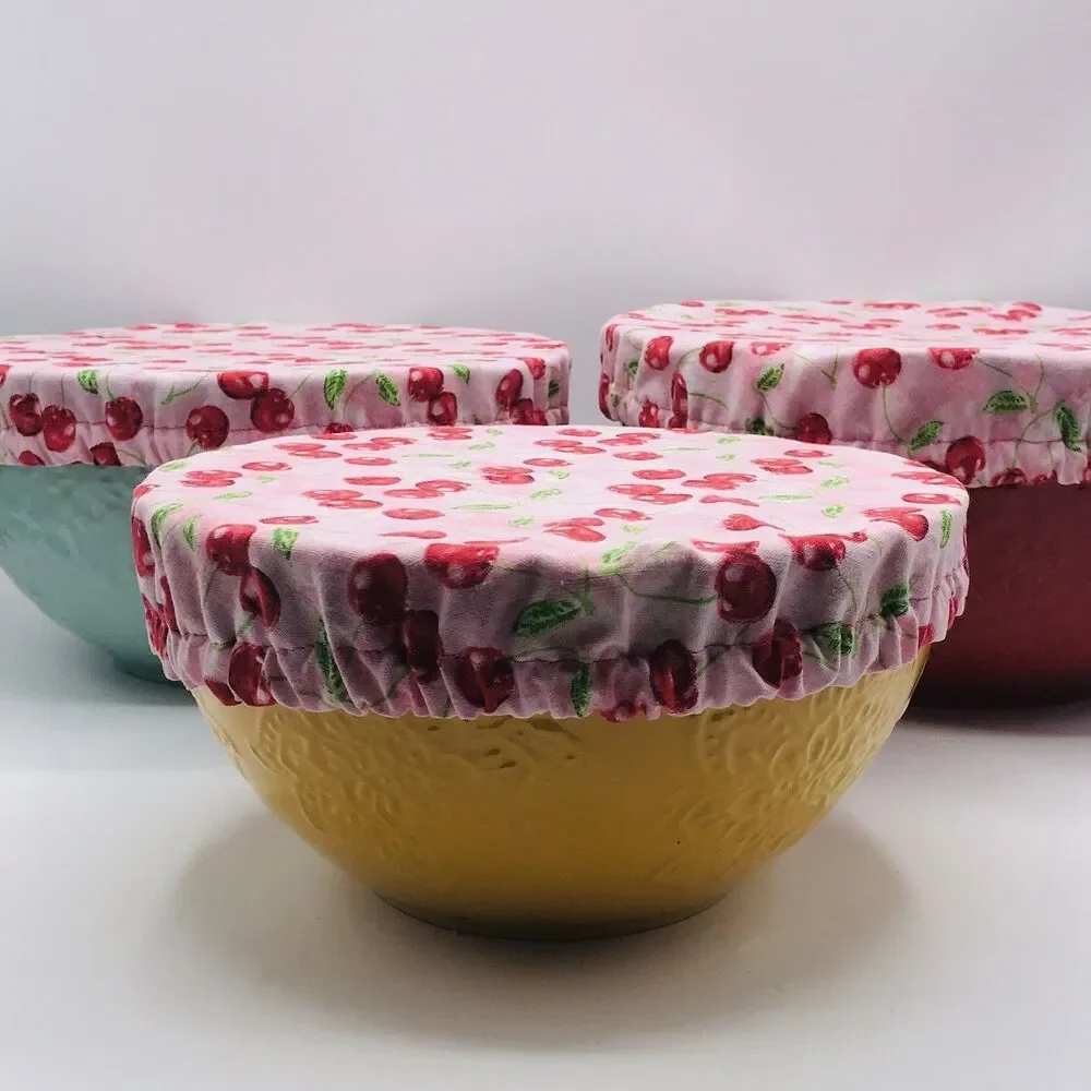 Cotton Bowl Cover For Sourdough, 3 Size Set, Reusable Washable Cherries Pink Red